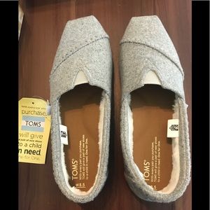 TOMS Grey Wool Faux Shearling Slip-on Flats